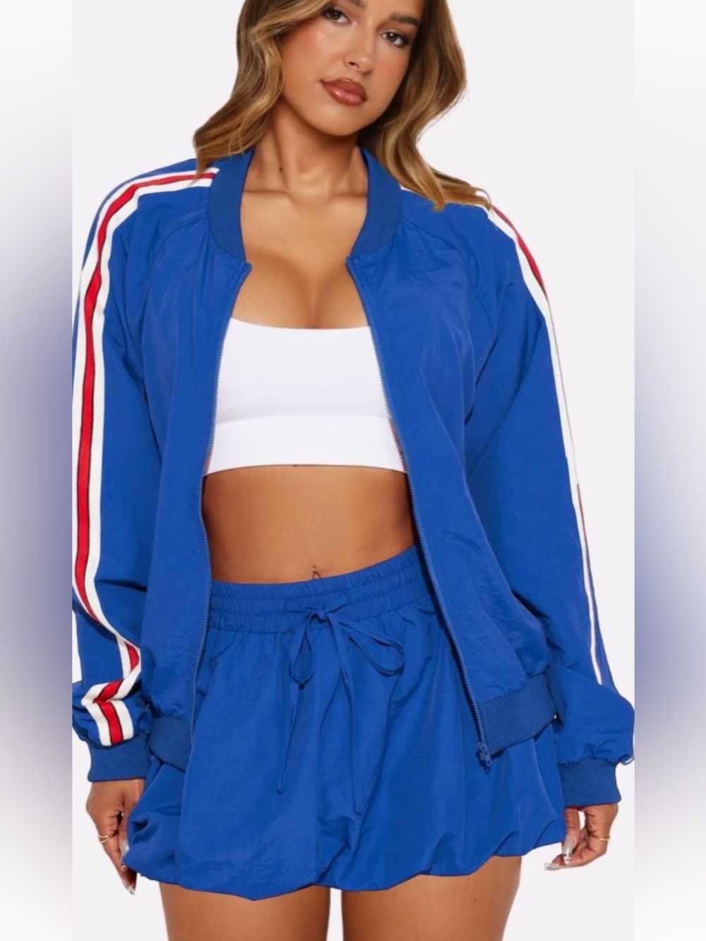 Blue Athletic Track Bomber Jacket with Stripe Sleeve XL